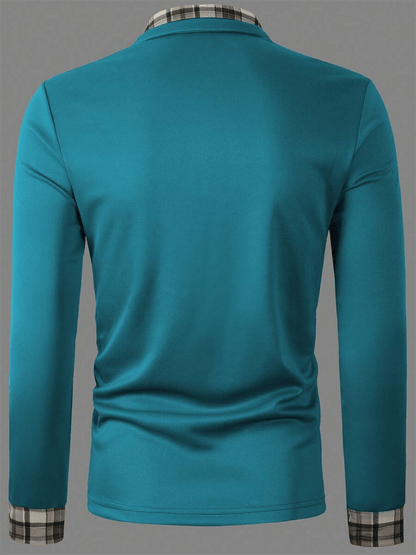 Men's Plaid Business Casual Long Sleeve Polo Shirt