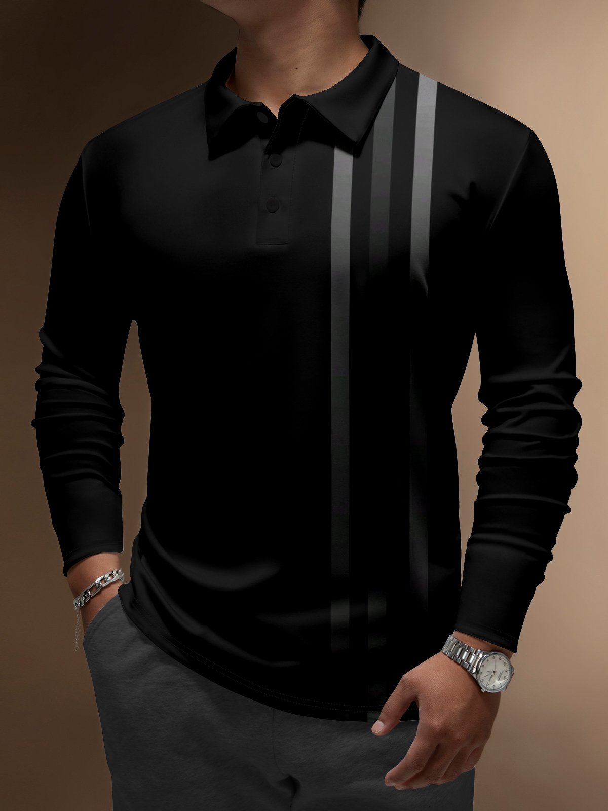 Men's Business Casual Striped Long-Sleeved Polo Shirt