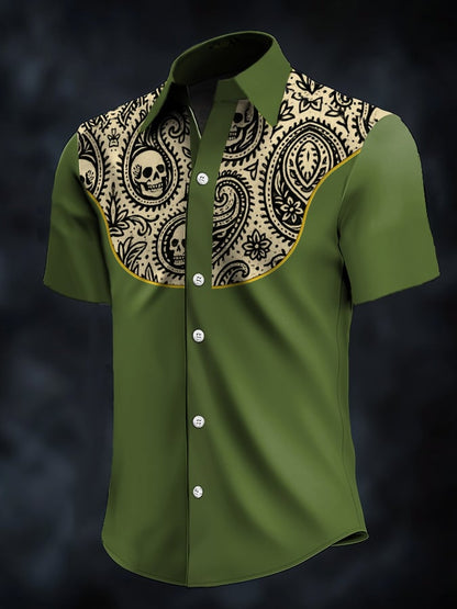 Men's Retro Western Contrast Print Short Sleeve Casual Shirt