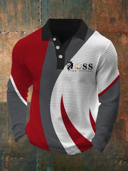 Men's Retro Letter Design Waffle Fabric Long Sleeve Polo Shirt
