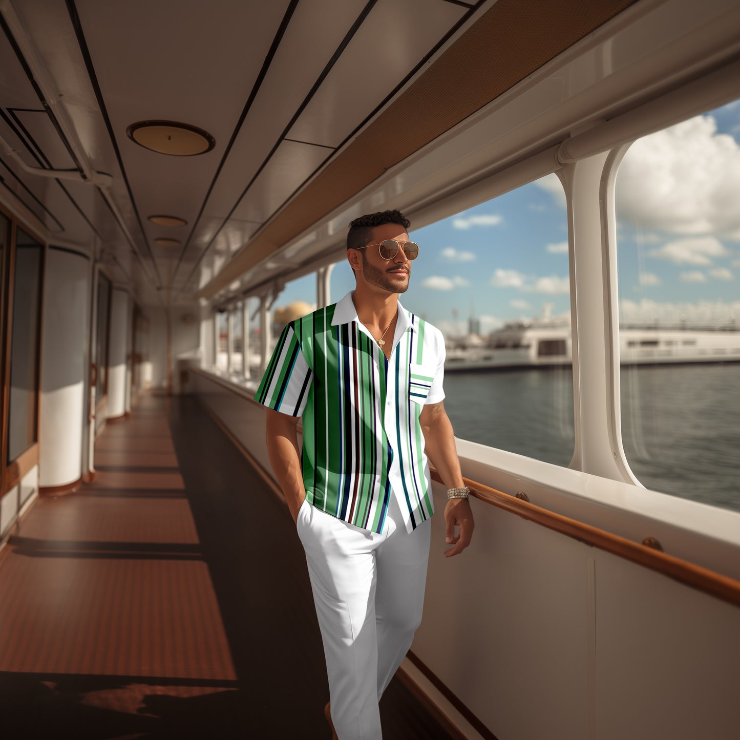 Men's retro colorblock short-sleeved shirt walking Suit 1682