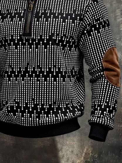 Men's Retro Color Block Print Color-Blocked Zip-Up Sweatshirt