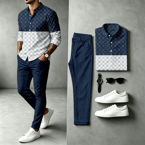 Men's Two-Tone Long-Sleeve Shirt and Pants Set