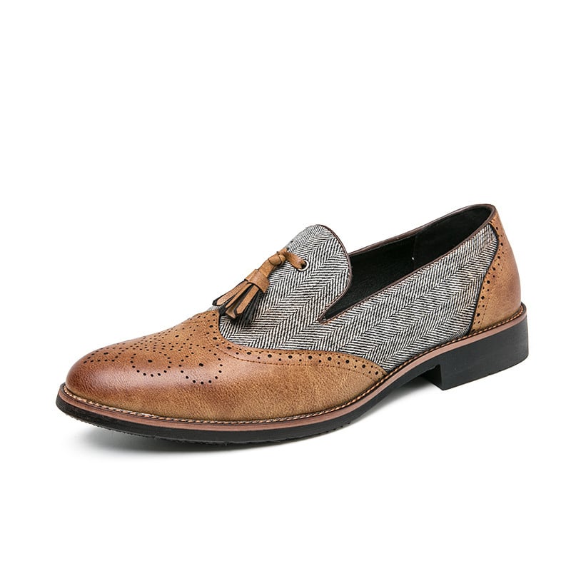 Business Casual Retro Carved Color Block Fringed Leather Shoes