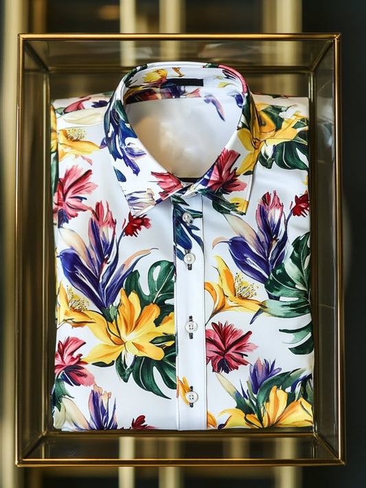 Men's Satin Luxe Hawaiian Watercolor Floral Short Sleeve Button Shirt