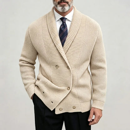 Men's Solid Color Ribbed Shawl Collar Double-Breasted Business Casual Knitted Cardigan