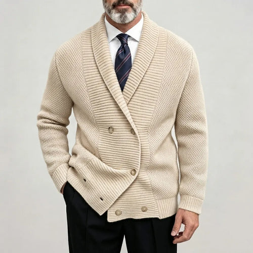 Men's Solid Color Ribbed Shawl Collar Double-Breasted Business Casual Knitted Cardigan