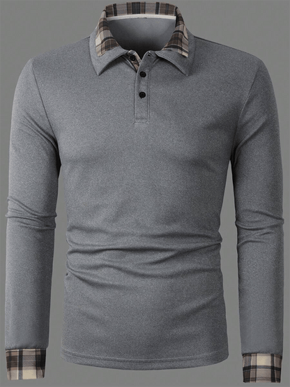 Men's Plaid Business Casual Long Sleeve Polo Shirt