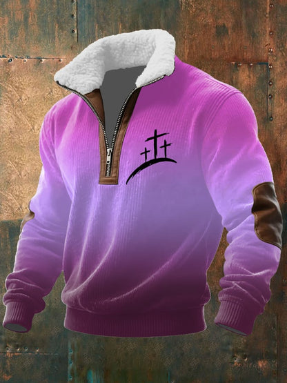 Men's Vintage Faith Printed Zip Fur Collar Long Sleeve Textured Sweatshirt