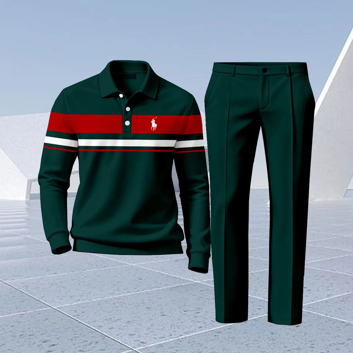Men's Printed Polo Shirt and Pants Set