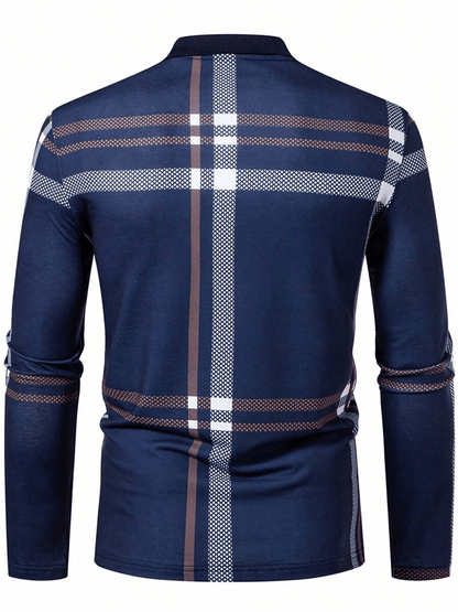 Men's Plaid Business Casual Long Sleeve Polo Shirt