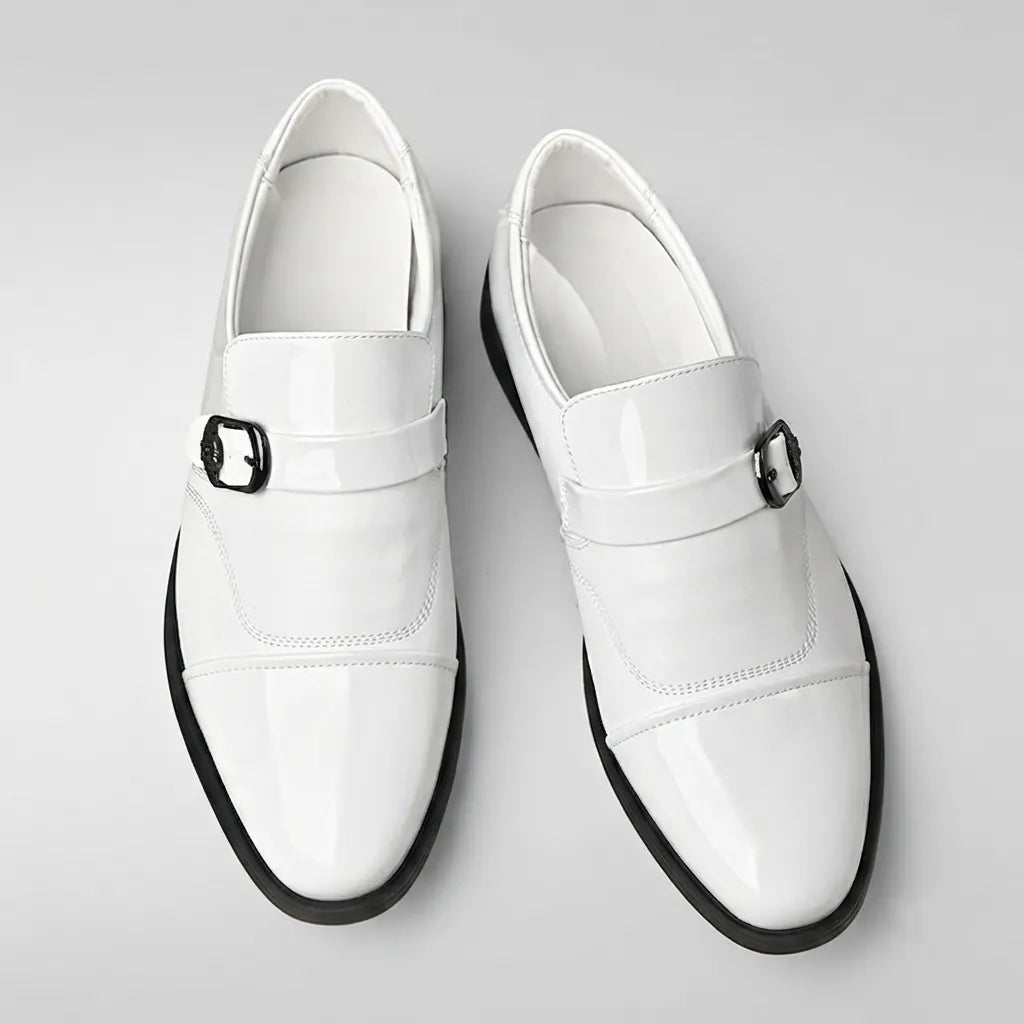 Men's Business Patent Leather Shine Cap Toe Metal Buckle Slip On Monk Loafers Dress Shoes