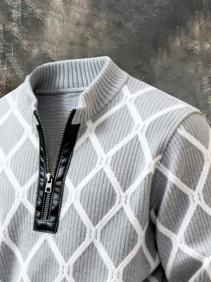 Men'S Casual Retro Contrast Color Half Zip Stand Collar Long Sleeve Sweatshirt