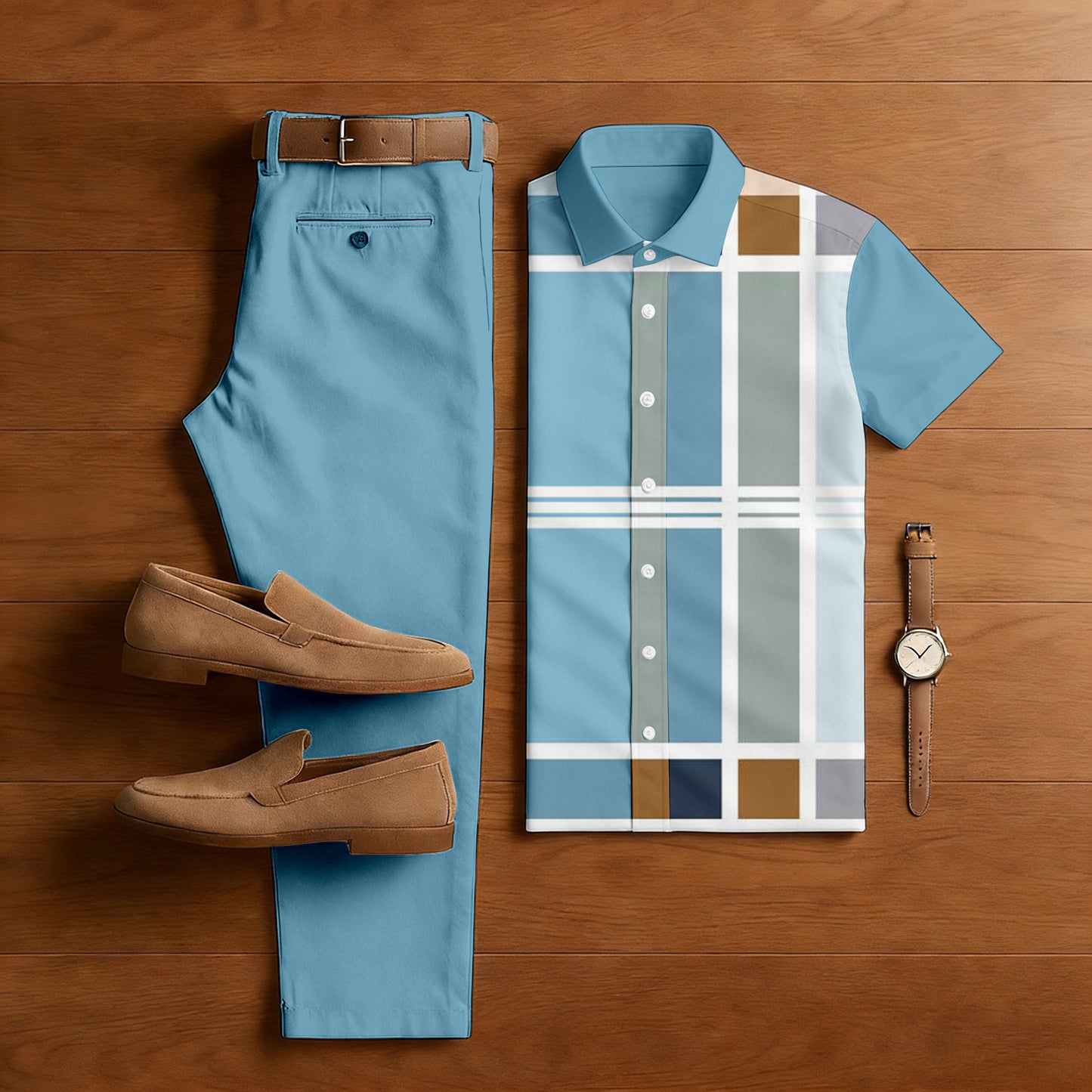 Men's Casual Blue & Multi Color Matching Checkered Print Short-Sleeve Shirt & Trousers Two-Piece Set