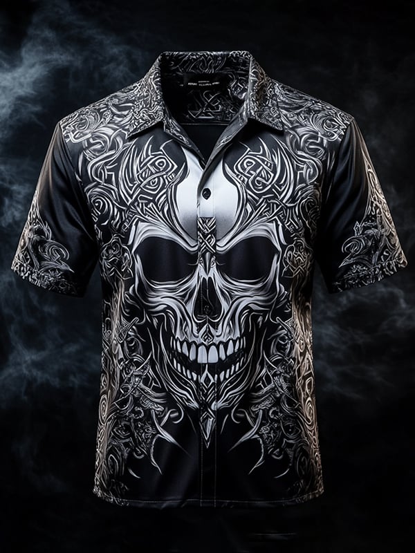 Men's Vintage Skull and Floral Short Sleeve Shirt