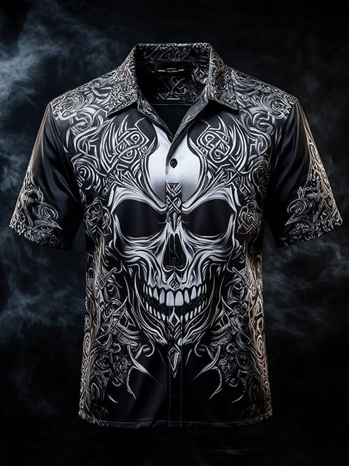 Men's Vintage Skull and Floral Short Sleeve Shirt