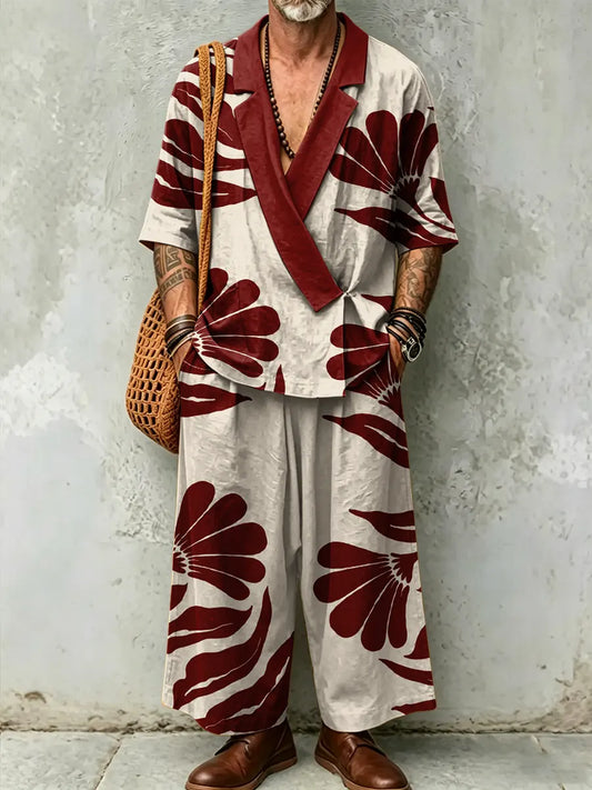 Men's Abstract Art Print Casual Linen Suit Collar Short-sleeved Top And Pants Two-piece
