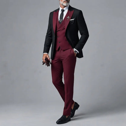 Men's Business Contrast Peak Lapel Blazer & Asymmetric Button Shawl Lapel Vest & Pants 3Pcs Suit