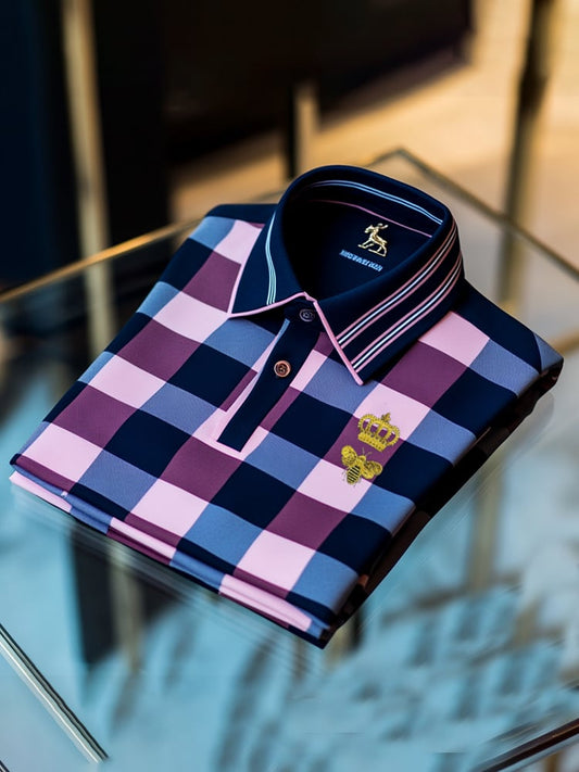 Men's Classic Business Check Button Short Sleeve Polo Shirt