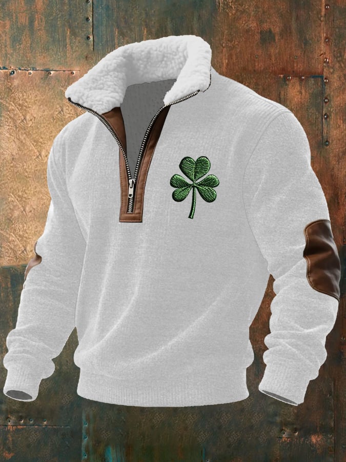 Men's Vintage St. Patrick's Day Print Long-Sleeved Sweatshirt With Fur Collar