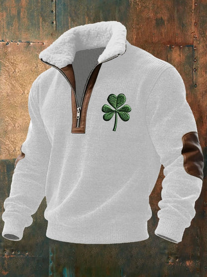 Men's Vintage St. Patrick's Day Print Long-Sleeved Sweatshirt With Fur Collar