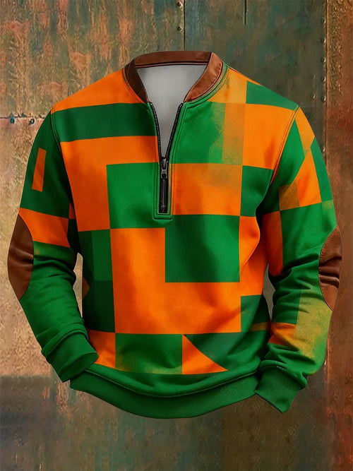 Men's Retro Bauhaus Geometric Style Print Quarter Zip Sweatshirt