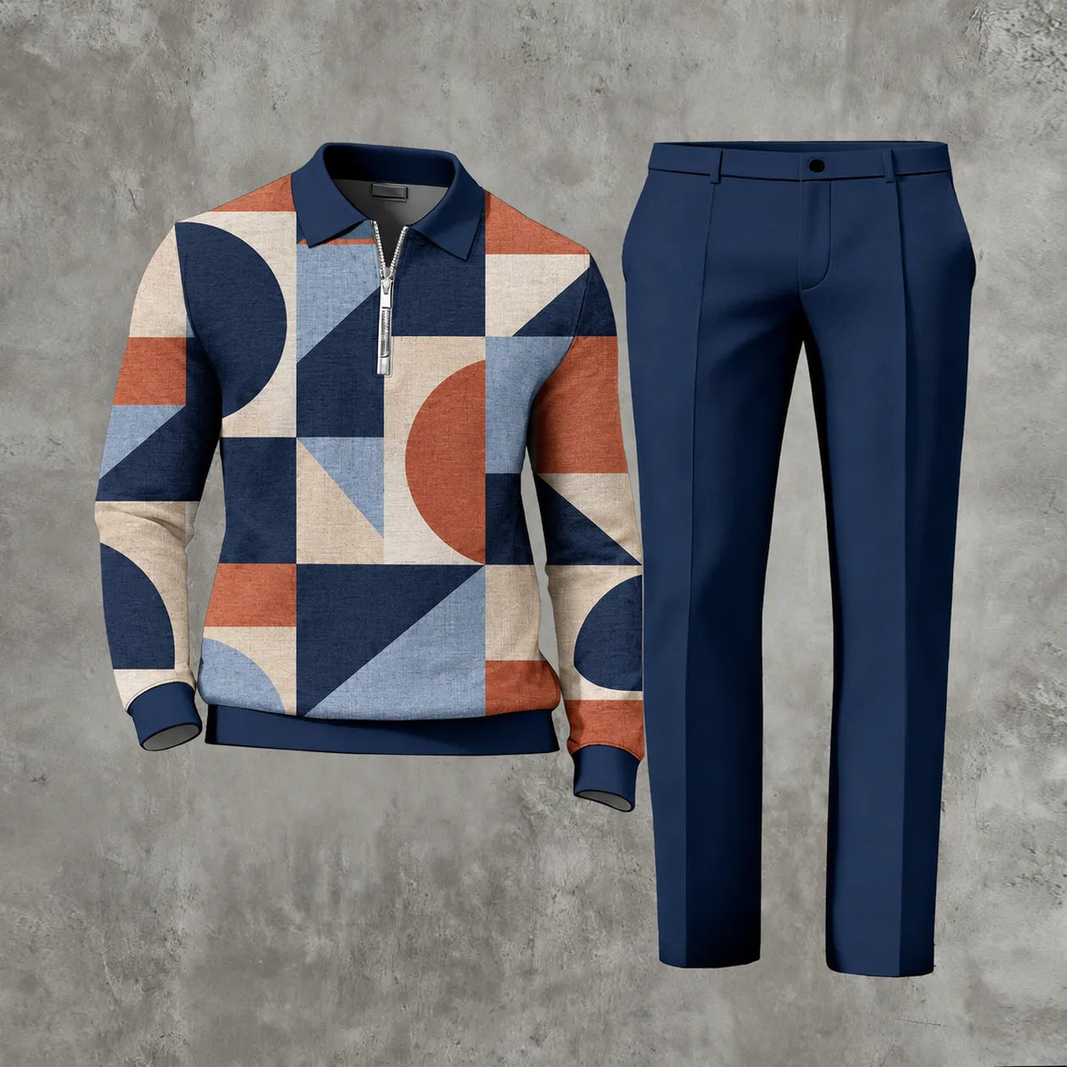 Men's Printed Zipper Polo Shirt and Pants Set