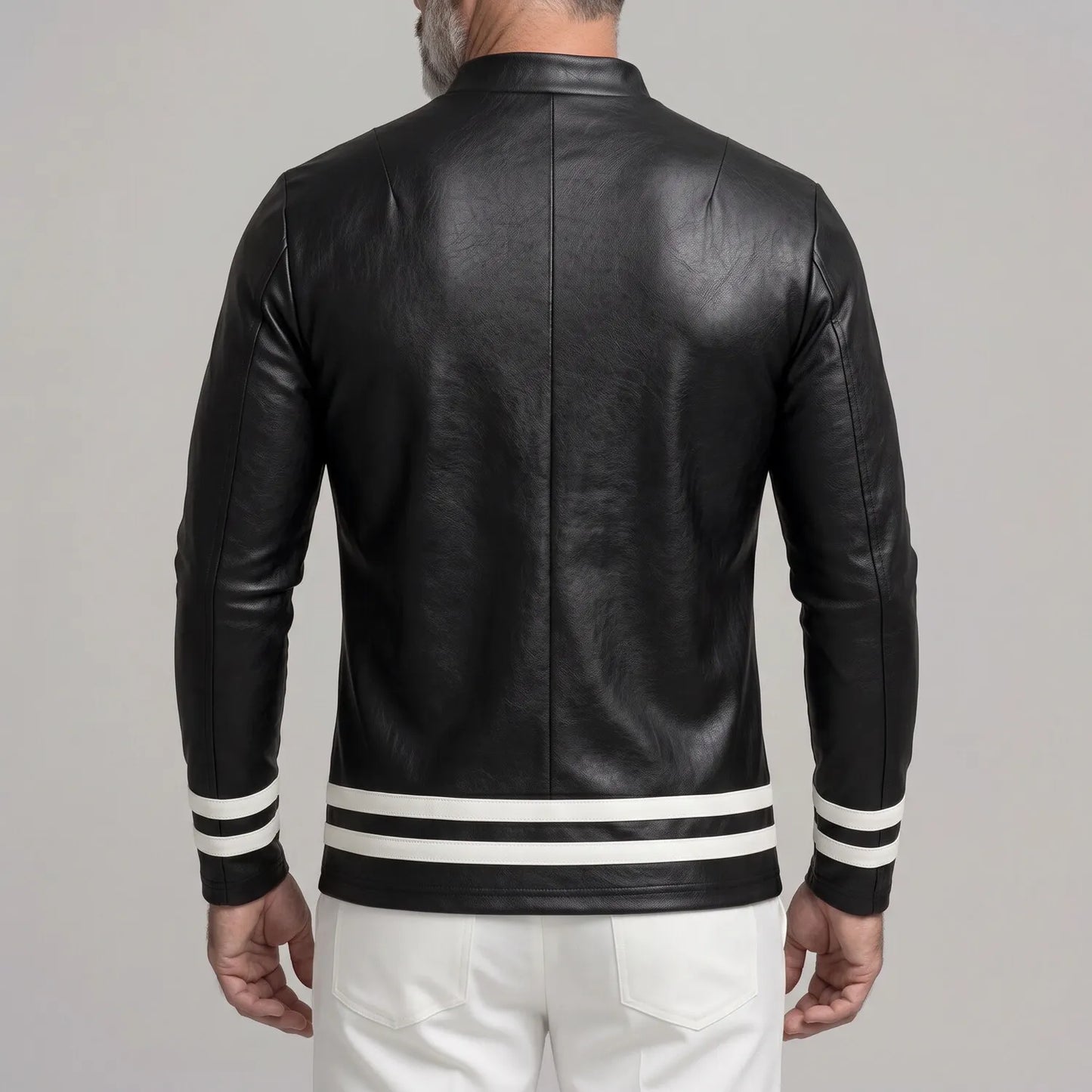 Men's Black PU Leather Mock Neck Contrast Striped Hem Long Sleeve T-Shirt