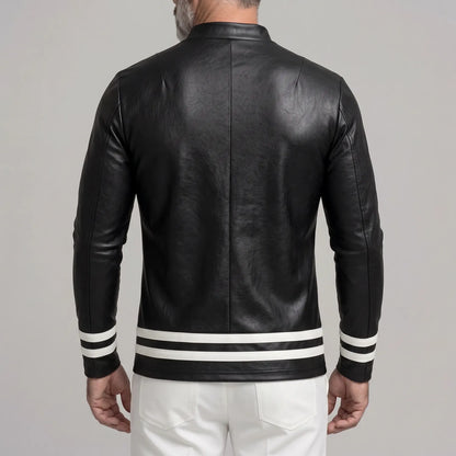 Men's Black PU Leather Mock Neck Contrast Striped Hem Long Sleeve T-Shirt