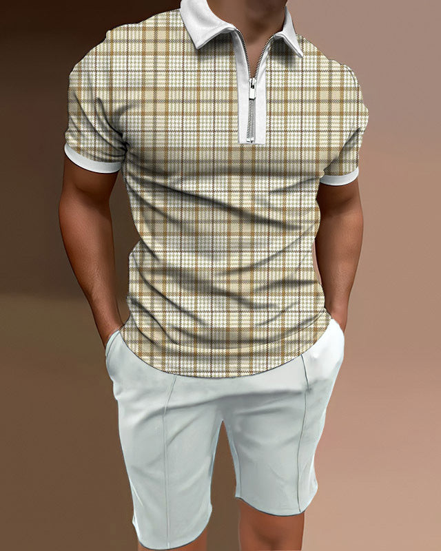 Men's polo shirt casual check two piece set