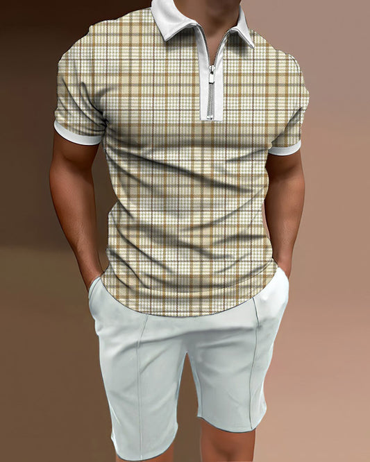 Men's polo shirt casual check two piece set