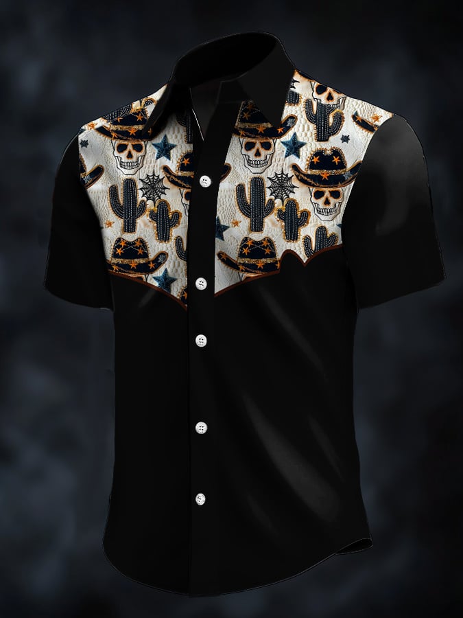 Men's Retro Western Contrast Print Short Sleeve Casual Shirt