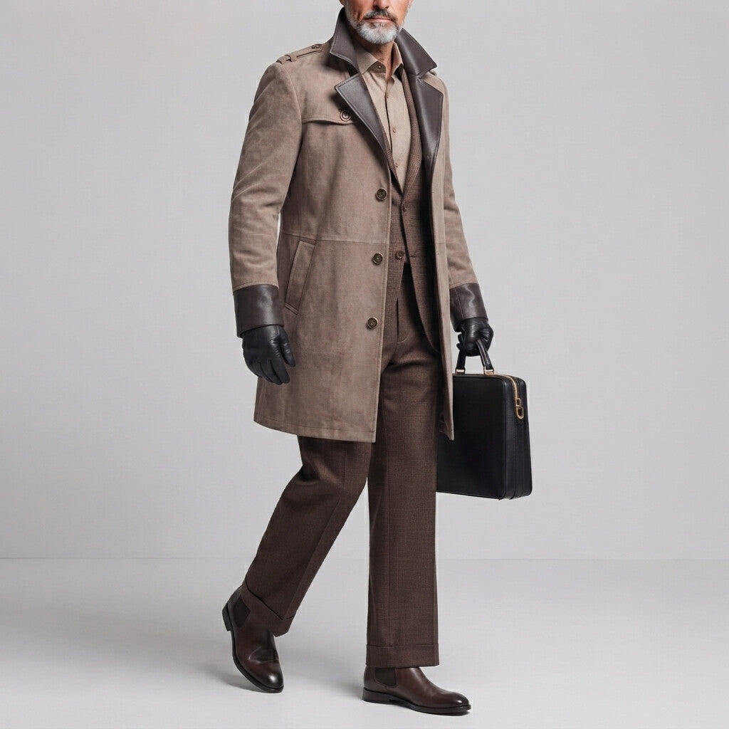 Men's Classic Khaki Contrast Lapel Collar PU Leather Trim Suede Trench Coat