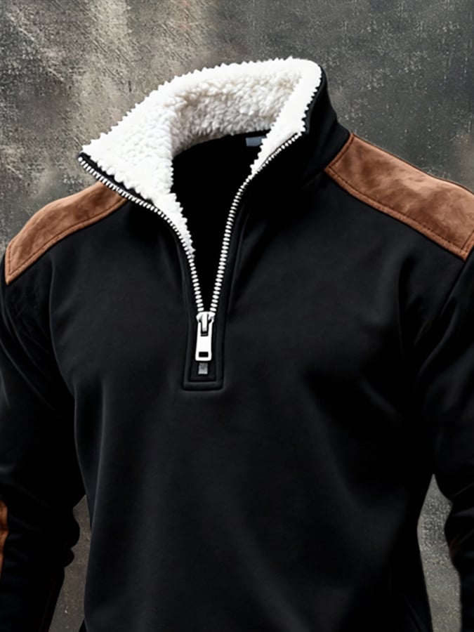 Men'S Vintage Style Color-Block Half-Zip Sweatshirt With Fur Collar And Long Sleeves.