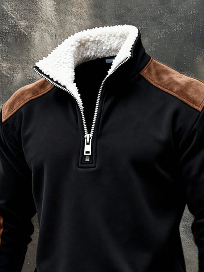 Men'S Vintage Style Color-Block Half-Zip Sweatshirt With Fur Collar And Long Sleeves.