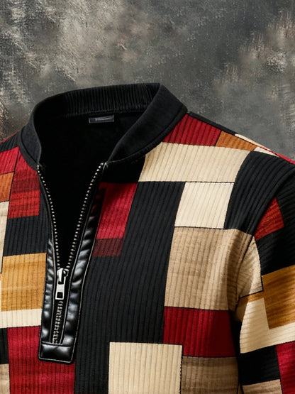 Men'S Casual Retro Contrast Color Half Zip Stand Collar Long Sleeve Sweatshirt