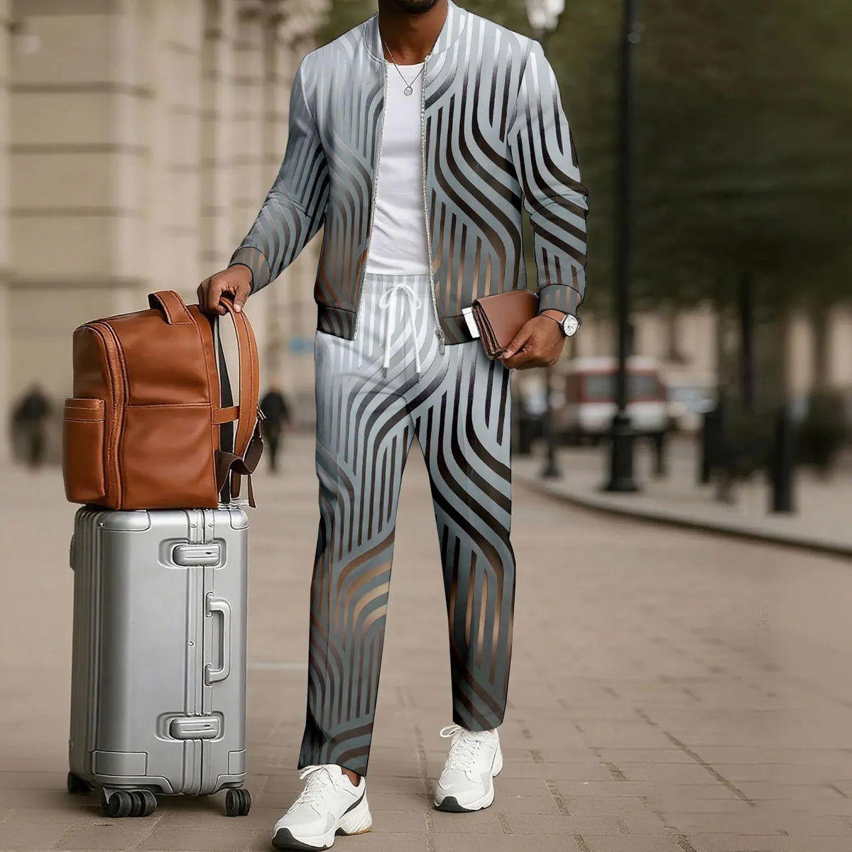 Men's Two-Piece Set: Color-Blocked Printed Zip-Up Cardigan and Pants