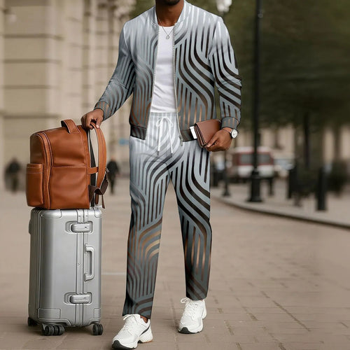 Men's Two-Piece Set: Color-Blocked Printed Zip-Up Cardigan and Pants