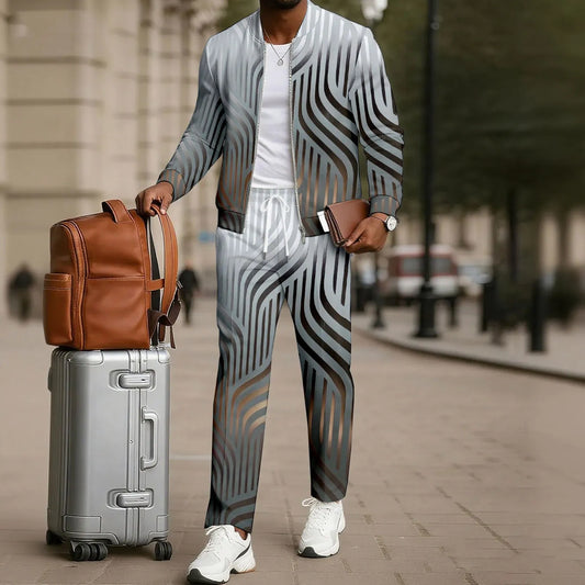 Men's Two-Piece Set: Color-Blocked Printed Zip-Up Cardigan and Pants