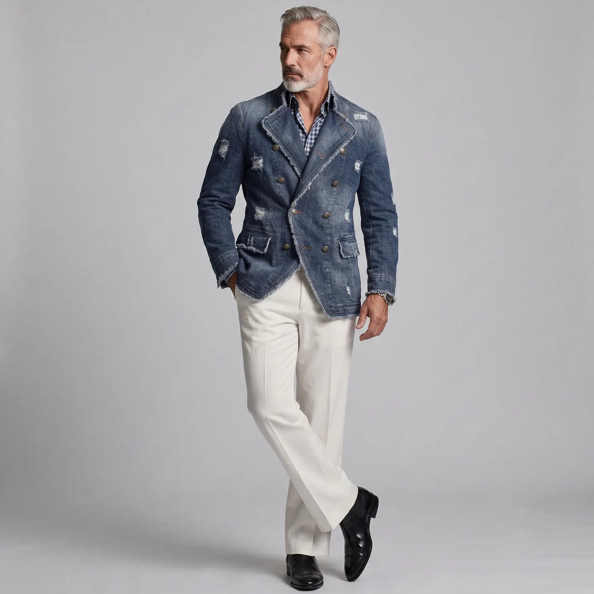Men's Retro Ripped Frayed Edge Stand Collar Double-Breasted Denim Jacket