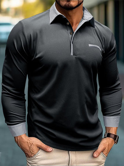 Men's Fashion Color Blocking Half Button Long Sleeve Polo Shirt