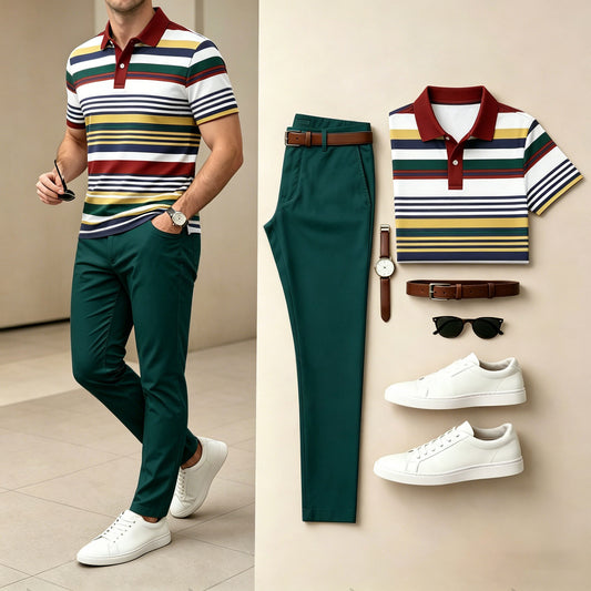 Men's Casual Colorful Stripes Printed Polo Shirt And Pants Two-Piece Set