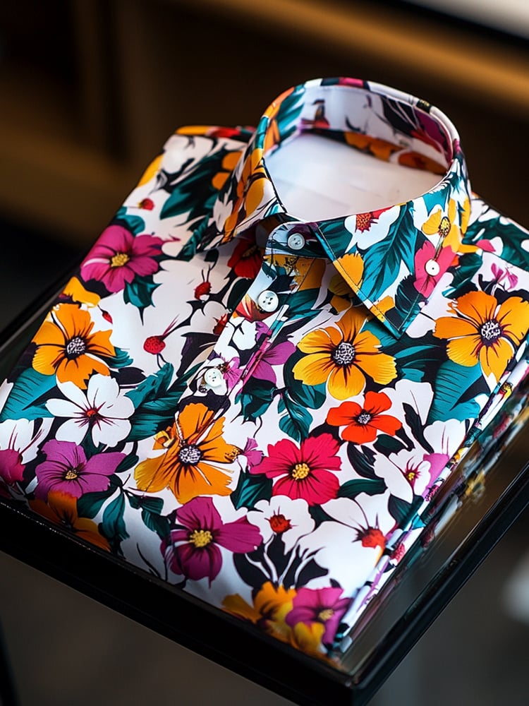 Men's Satin Luxe Hawaiian All Over Floral Short Sleeve Button Shirt