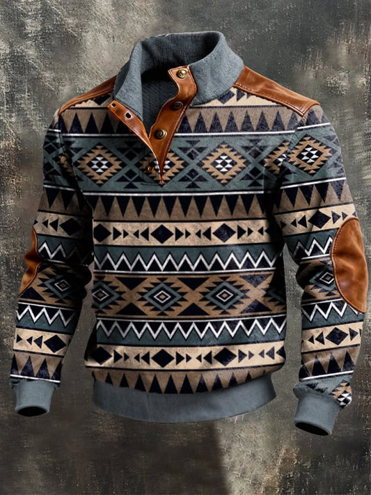 Men's Retro Fleece Warm Patchwork Comfortable Color-Blocked Henry Sweatshirt