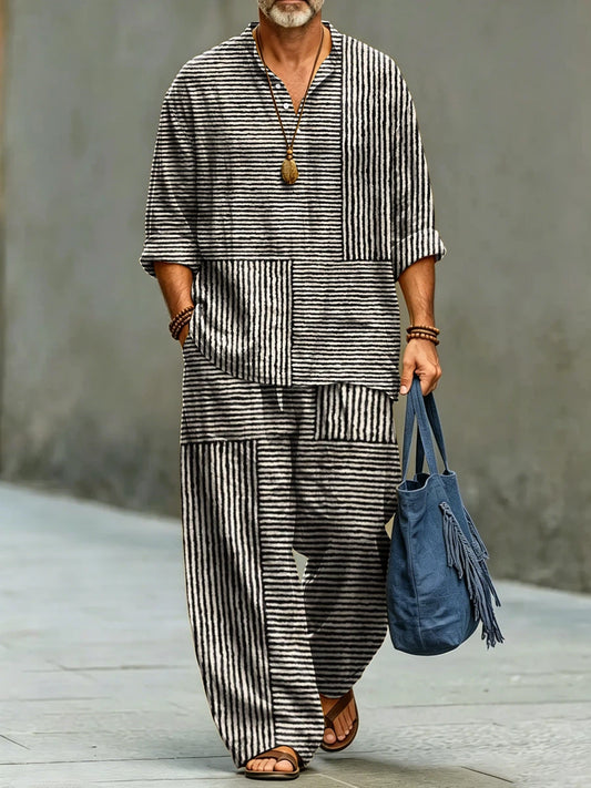 Men's Fashionable Abstract Stripe Art Print Cotton Shirt Set