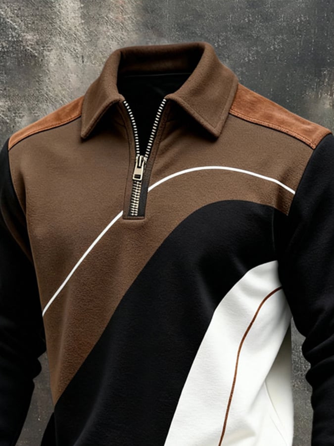 Men's Retro Color Block Print Color-Blocked Zip-Up Sweatshirt
