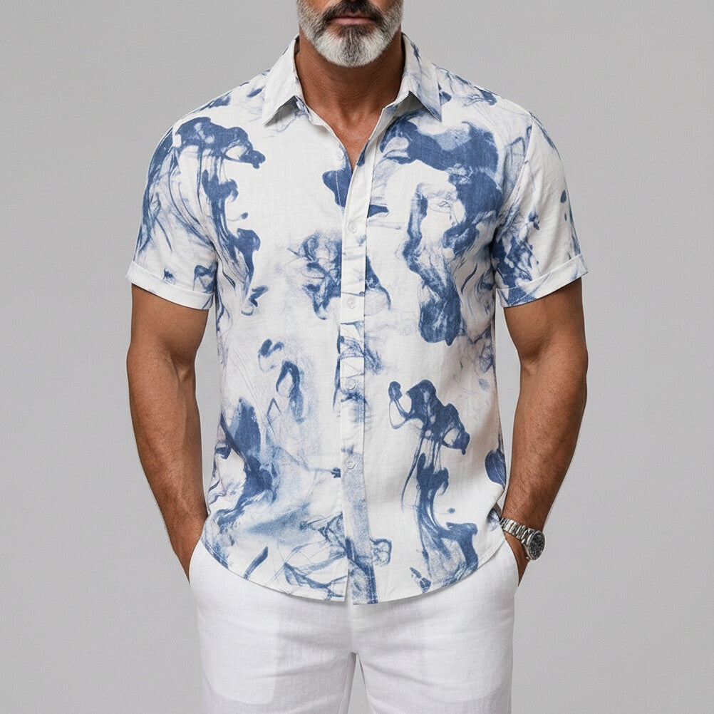 Men's Ink-wash Print Button Vacation Cuffed Edge Short Sleeve Shirt