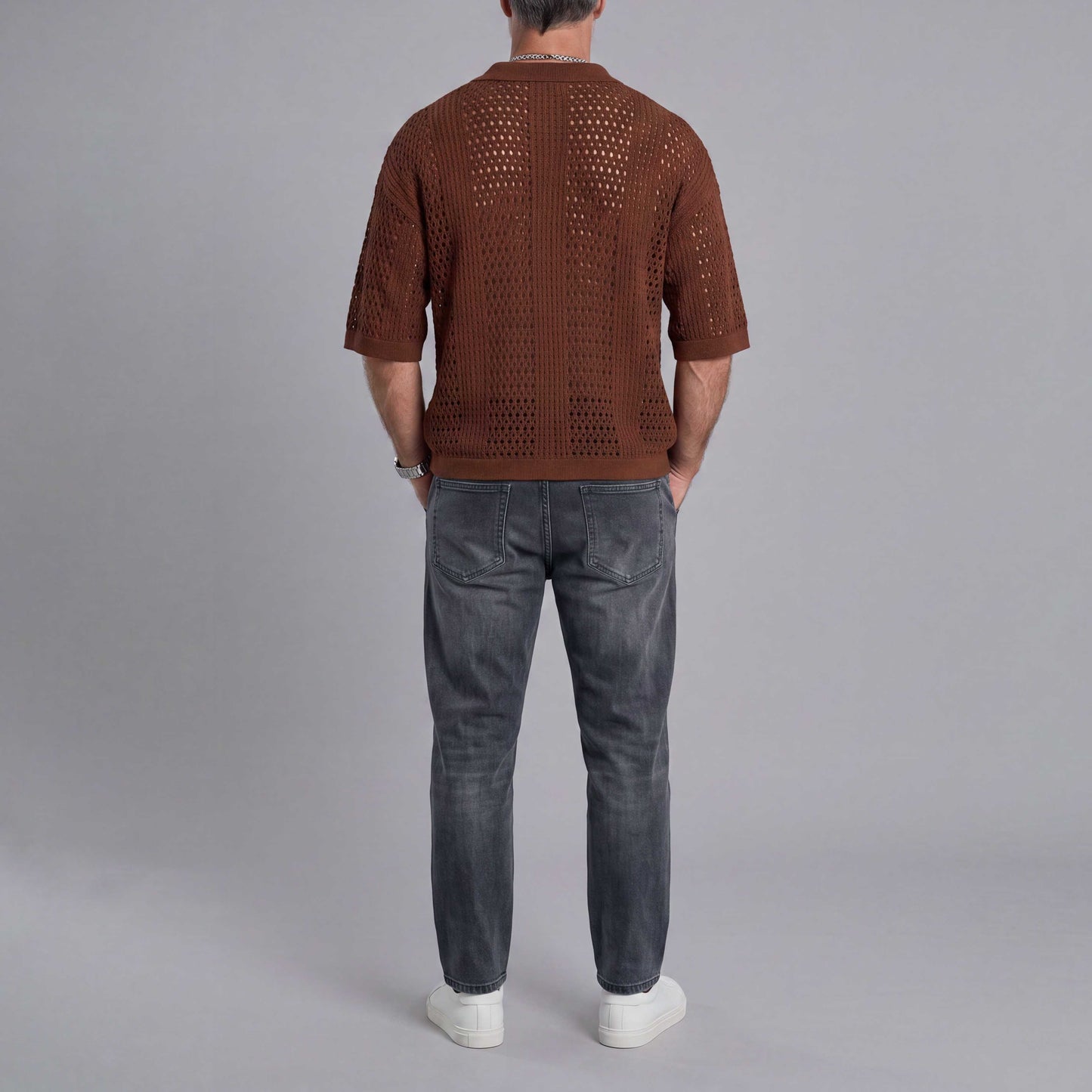 Openwork Mesh-Knit Short-Sleeve Polo Shirt