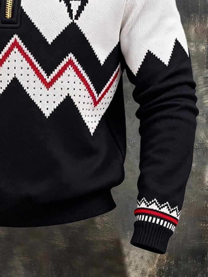 Men's Retro Color Block Print Zipper Sweatshirt