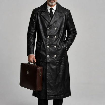 Men's Dark Brown PU Leather Slant Pockets Notched Lapel Double-Breasted Trench Coat